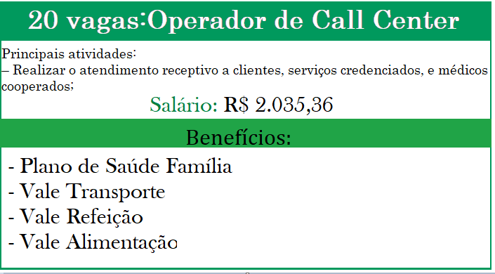 VAGAS DE EMPREGOS: OPERADOR DE CALL CENTER.